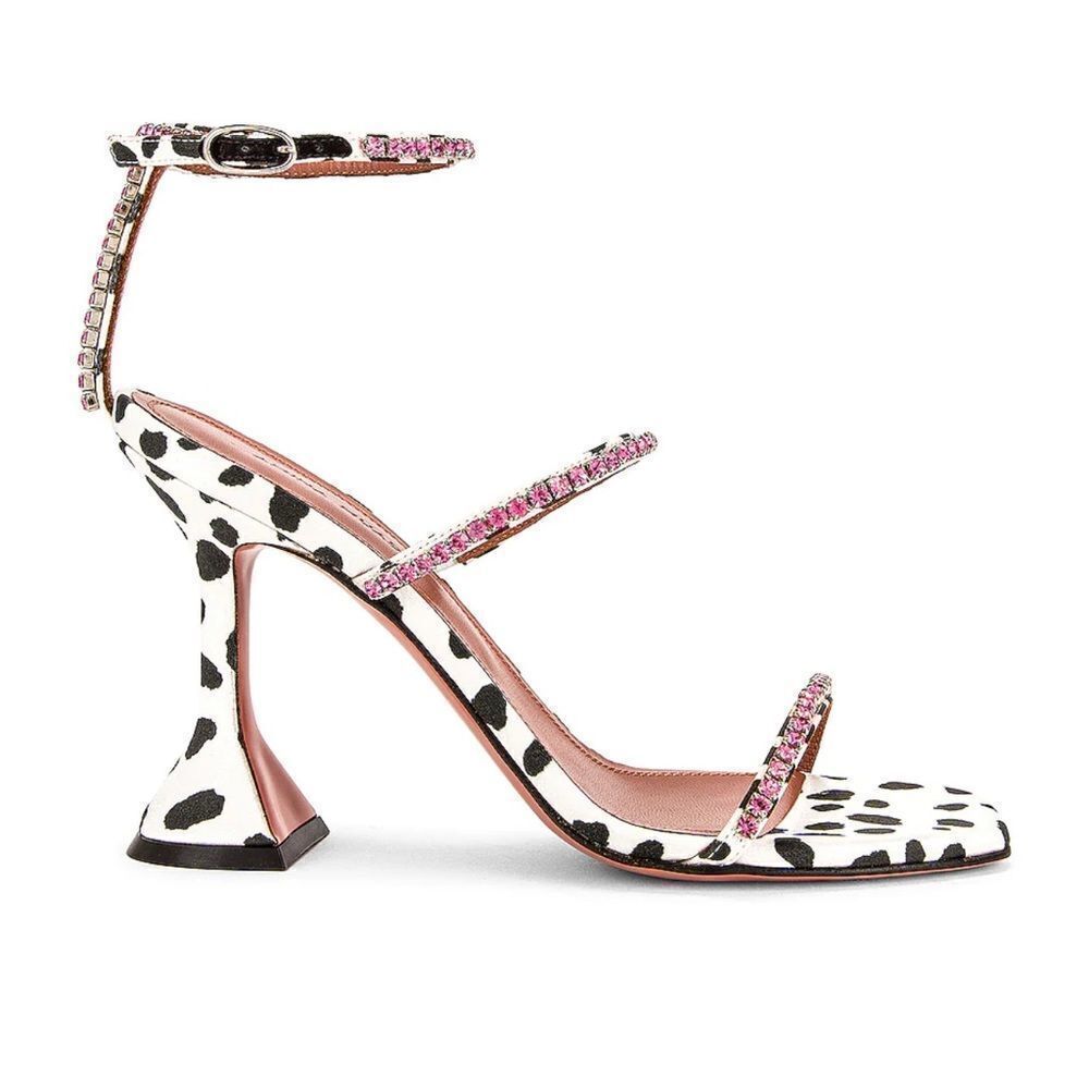 Amina Muaddi Gilda Crystal-Embellished Dalmation-Print Satin Sandals size 36